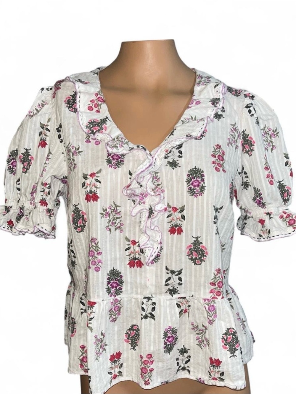 CeCe White Floral Ruffle Peplum Blouse with Pink & Black Accents